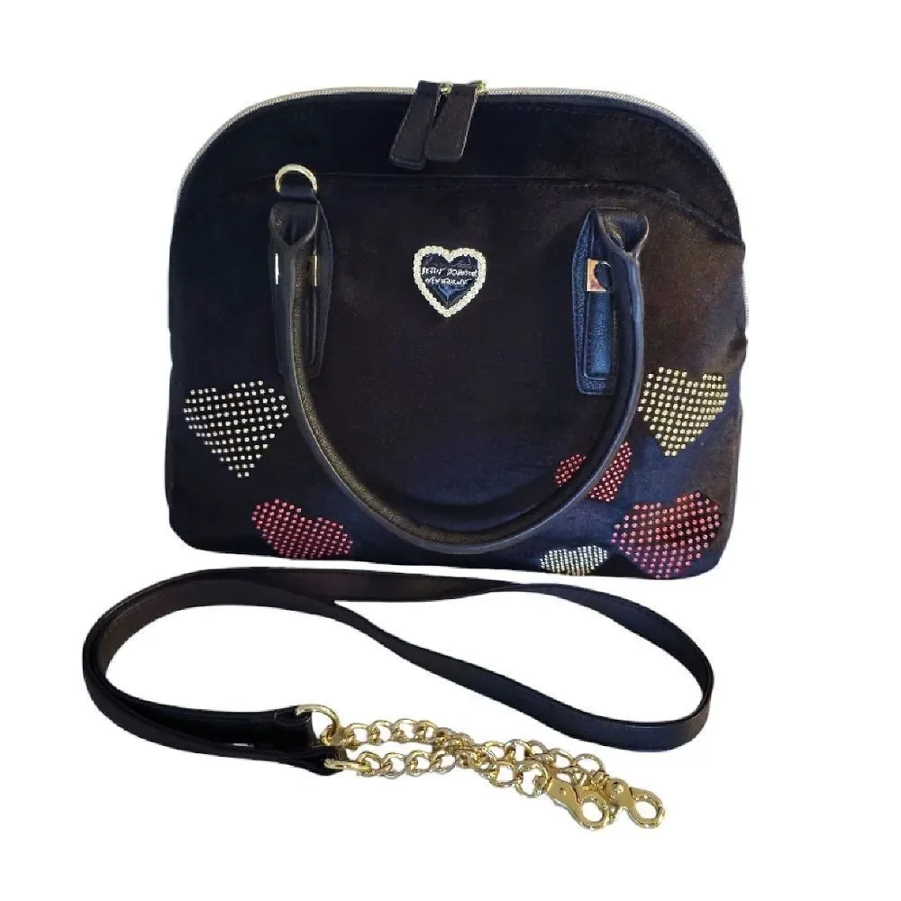 Betsey‎ Johnson Black Velvet Studded Hearts Dome Satchel Crossbody Bag Large